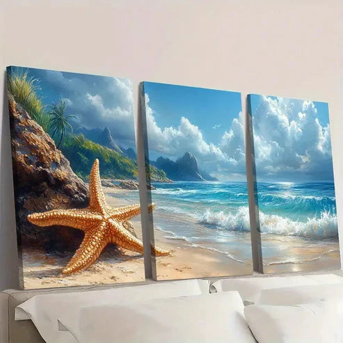 3pcs Coastal Sea Turtle & Starfish Beach Sunset Wall Art Set Canvas Unframed - High Quality Print 100% Australian Made Wall Canvas