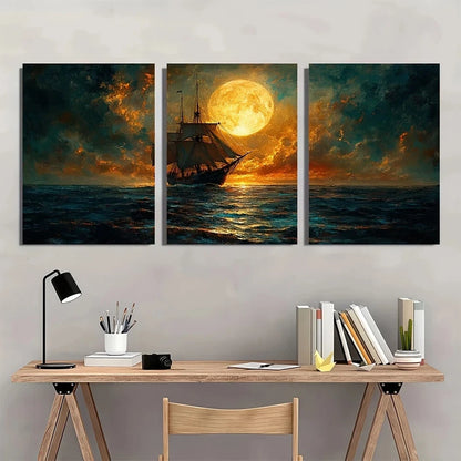 3pcs Classic Retro Farmhouse Style Moonlit Sea Metal Print Ready to Hang Art