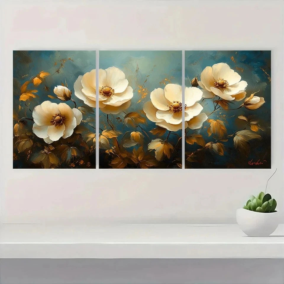 3pcs Vintage White Flowers Elegant Roses Metal Print Ready to Hang Art