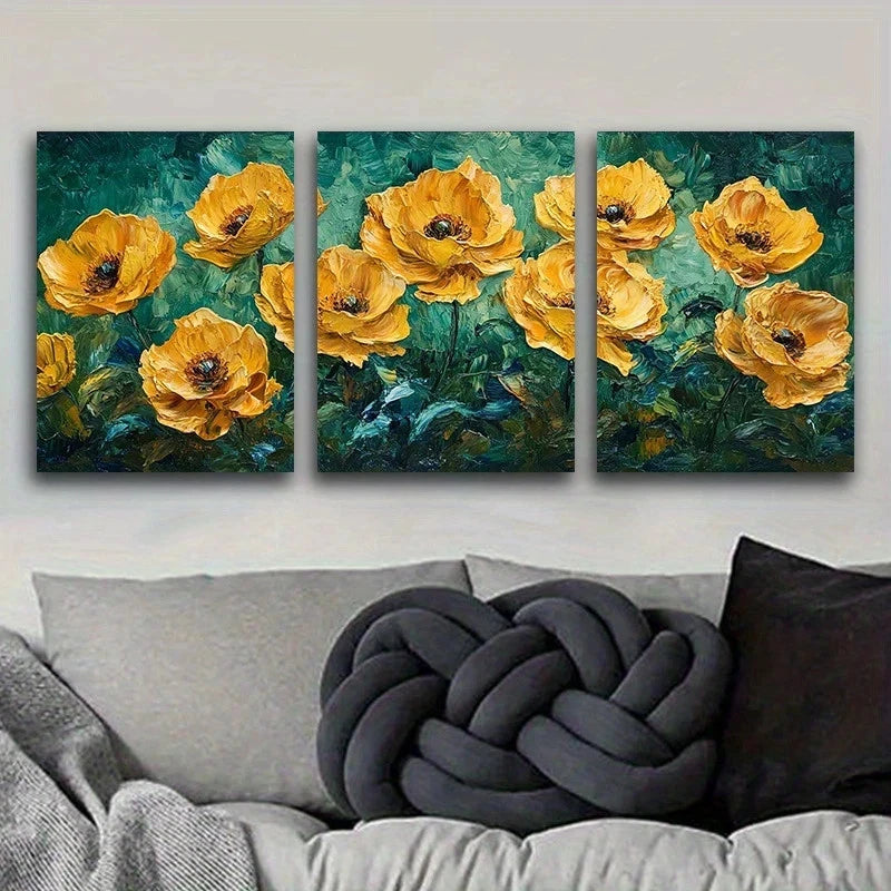 3pcs Featuring Cluster Of Yellow Flowers Metal Print Ready to Hang Art