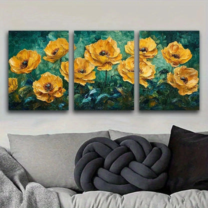 3pcs Featuring Cluster Of Yellow Flowers Metal Print Ready to Hang Art