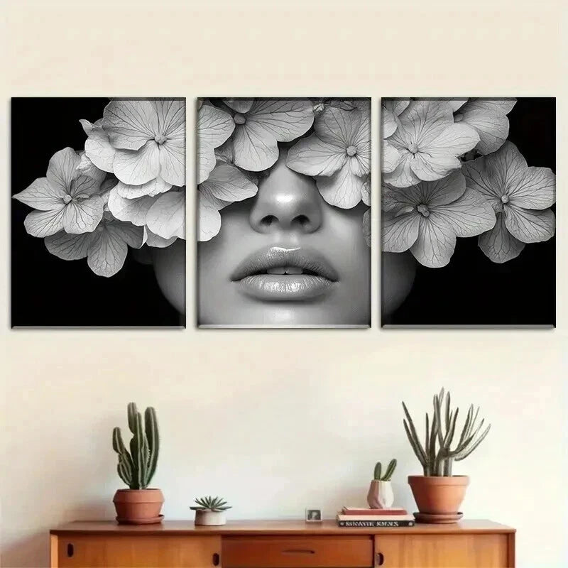 3pcs Black & White Woman with Flowers Design Wall Art Set Canvas Framed 40x60cm - High Quality Print 100% Australian Made Wall Canvas Ready to Hang