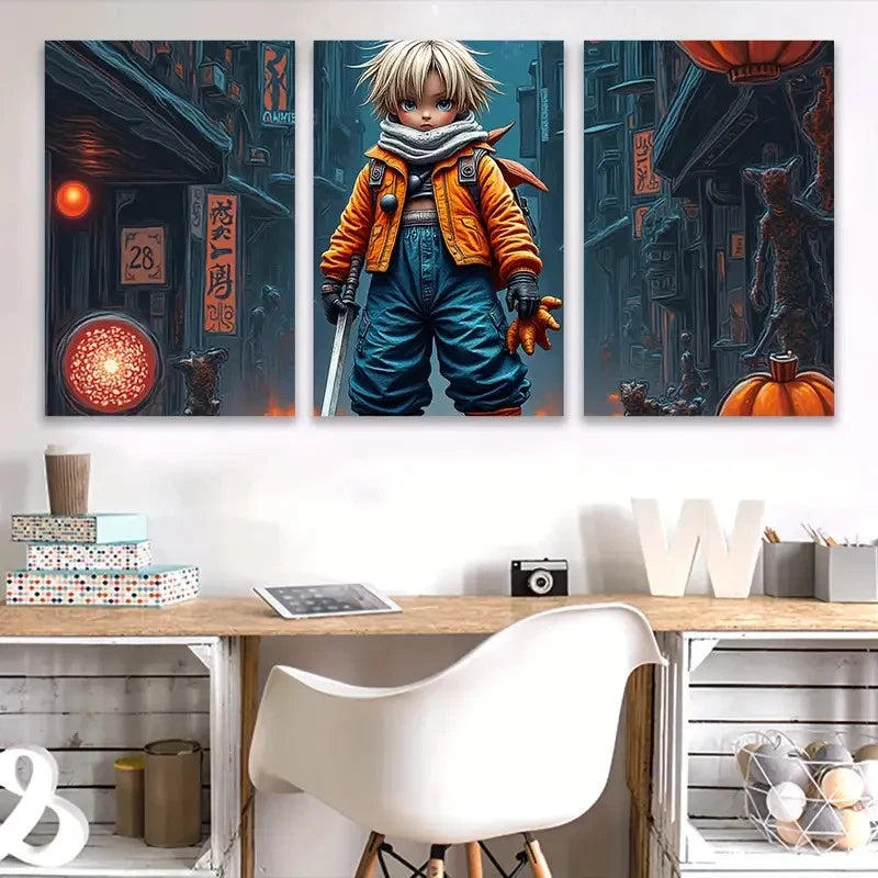 3pcs Boy in the Orange Coat Wall Art Set Canvas Framed 40x60cm - High Quality Print 100% Australian Made Wall Canvas Ready to Hang