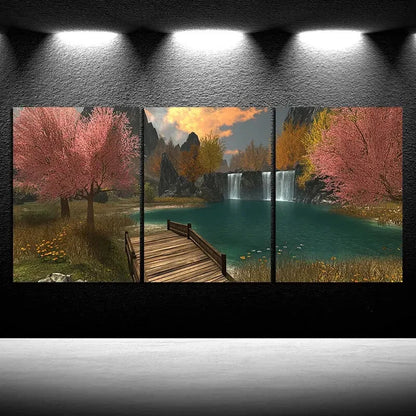 3pcs Waterfalls And Wooden Bridges Metal Print Ready to Hang Art