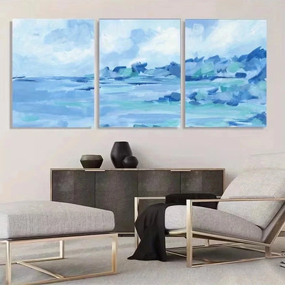3pcs Blue Modern Abstract Seascape Painting Metal Print Ready to Hang Art