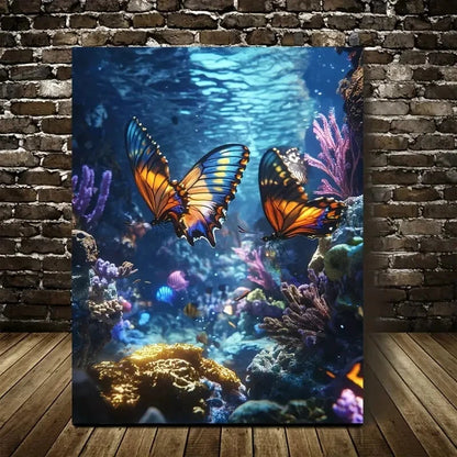 Steampunk Underwater Butterfly Scene with Neon Glow 40x60cm Metal Print Ready to Hang