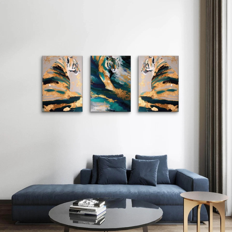3pcs Modern Abstract Tiger and Gold Luxurious Wall Art Set Canvas Framed 50x70cm - High Quality Print 100% Australian Made Wall Canvas Ready to Hang