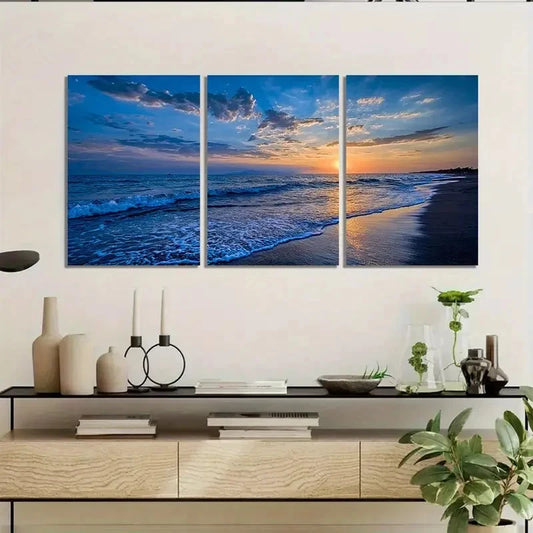 3pcs Coastal Sunset Serene Beach Wall Art Set Canvas Framed 50x70cm - High Quality Print 100% Australian Made Wall Canvas Ready to Hang
