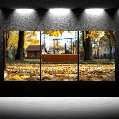 3pcs Swing in Fallen Leaves Scenery Metal Print Ready to Hang Art
