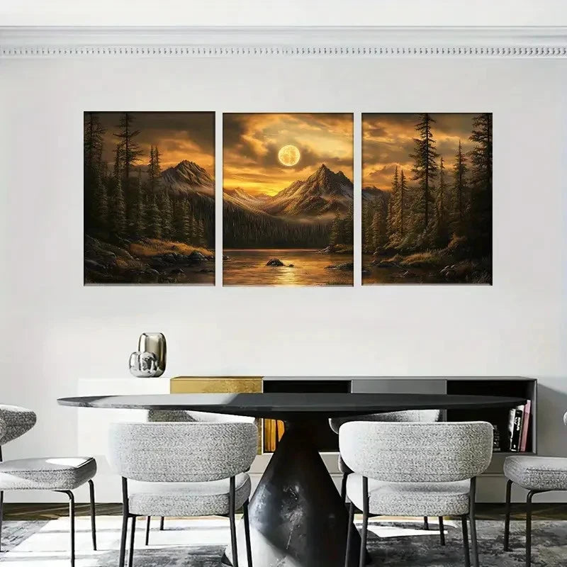 3pcs Sunset Mountain Lake Serene Forest Scene Metal Print Ready to Hang Art