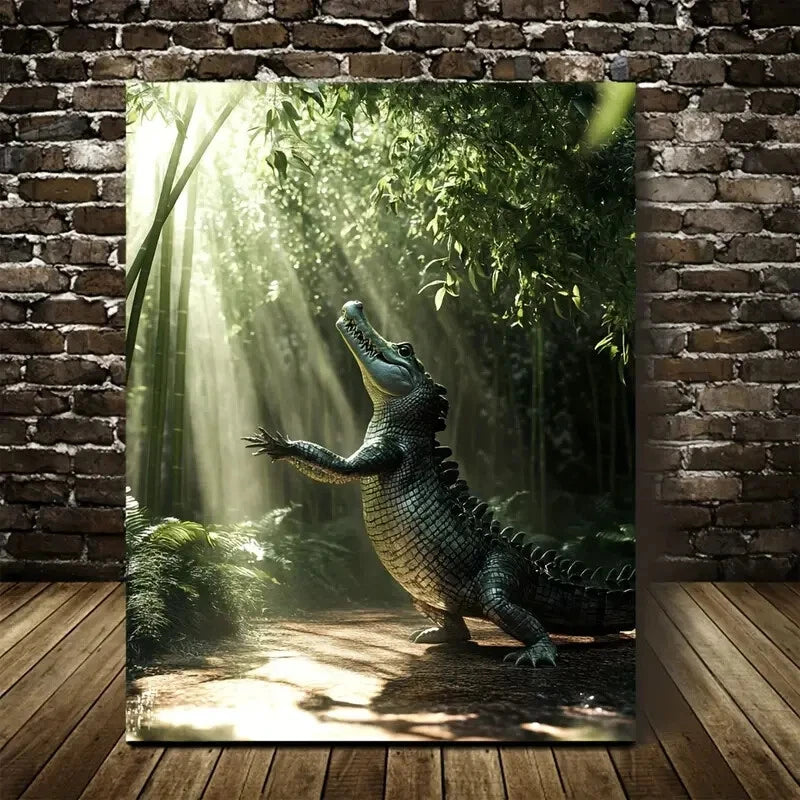 Crocodile Dancing in Bamboo Grove Scene Painting 40x60cm Metal Print Ready to Hang