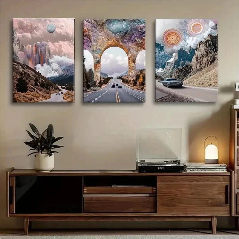 3pcs Panel Surreal Cosmic Road Trip Perfect Wall Art Set Canvas Framed 40x60cm - High Quality Print 100% Australian Made Wall Canvas Ready to Hang