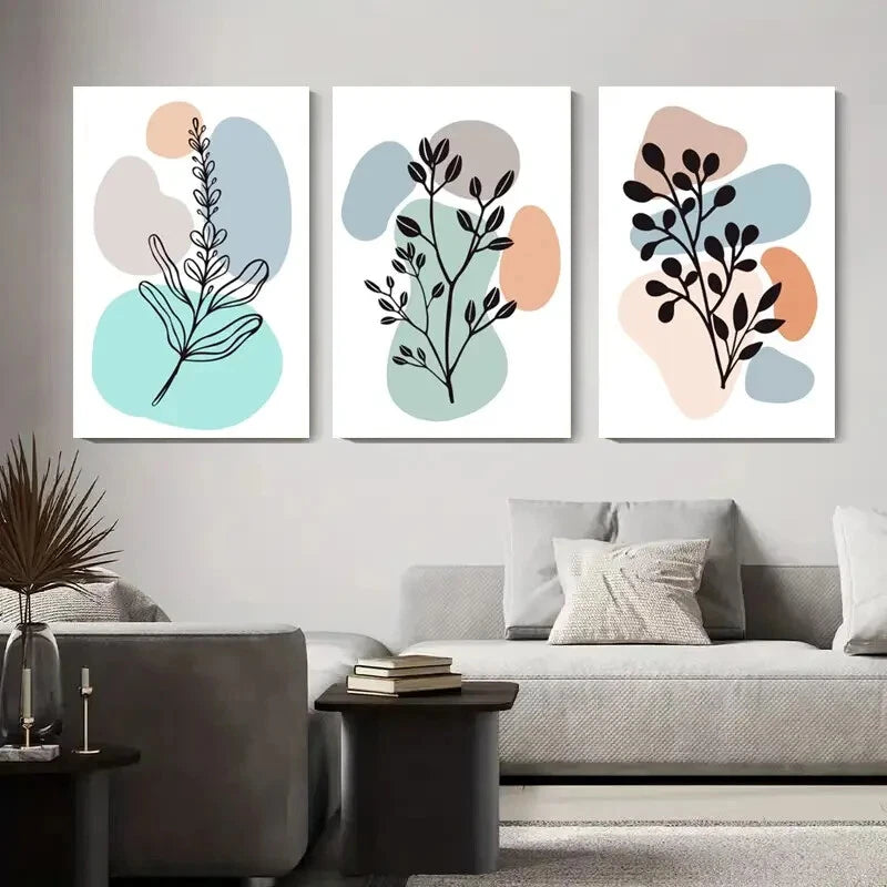 3pcs Abstract Leaf Soft Green Beige and Blue Metal Print Ready to Hang Art