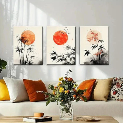 3pcs Bamboo and Red Sun Minimalist Perfect Wall Art Set Canvas Unframed - High Quality Print 100% Australian Made Wall Canvas