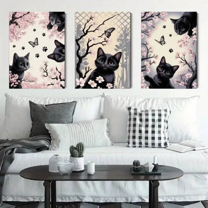 3pcs Black Cat & Butterfly Style Floral & Fauna Metal Print Ready to Hang Art