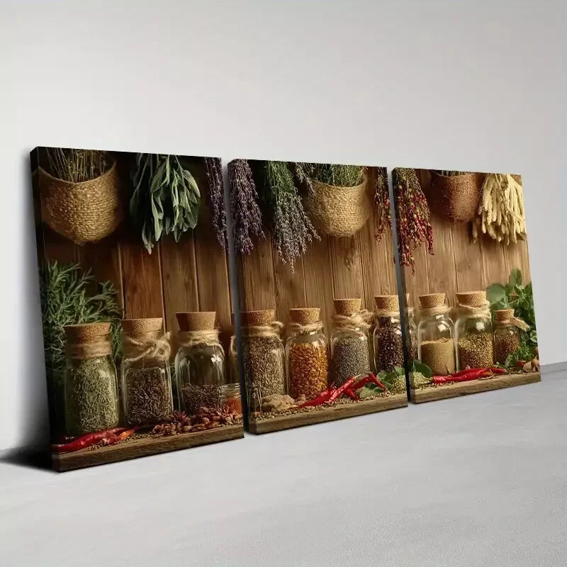 3pcs Rustic Touch with Country Spices And Herbs Wall Art Set Canvas Framed 50x70cm - High Quality Print 100% Australian Made Wall Canvas Ready to Hang - Bella Home Decor