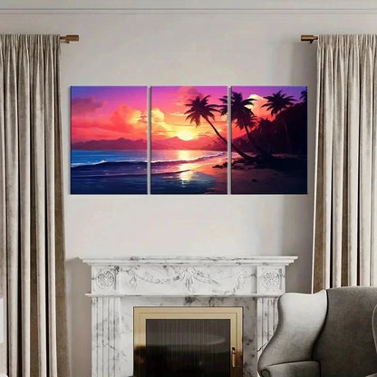 3pcs Colorful Sky Palm Trees & Ocean Waves Wall Art Set Canvas Framed 40x60cm - High Quality Print 100% Australian Made Wall Canvas Ready to Hang
