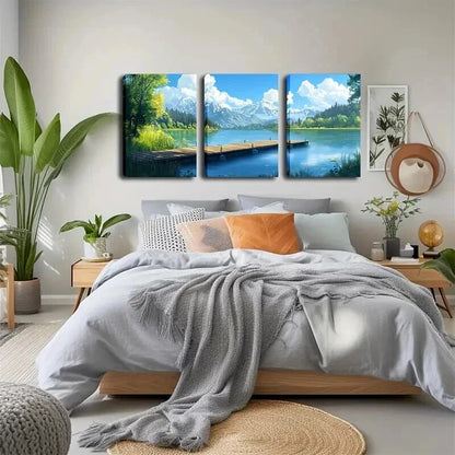 3pcs Serene Lake with Wooden Trestle Perfect Wall Art Set Canvas Framed 40x60cm - High Quality Print 100% Australian Made Wall Canvas Ready to Hang