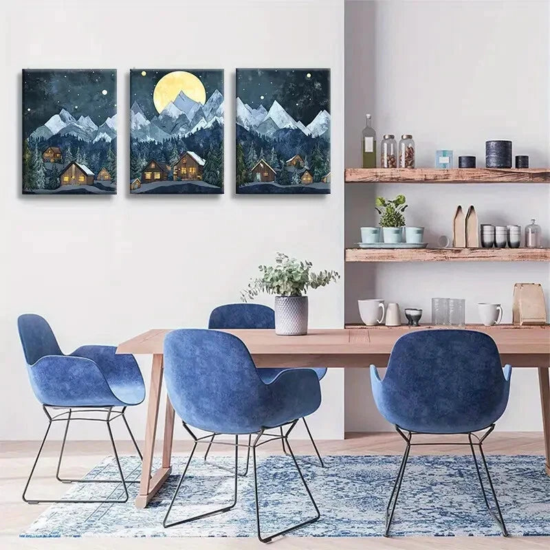 3pcs Cozy Alpine Village Under Starry Sky Moonlit Metal Print Ready to Hang Art