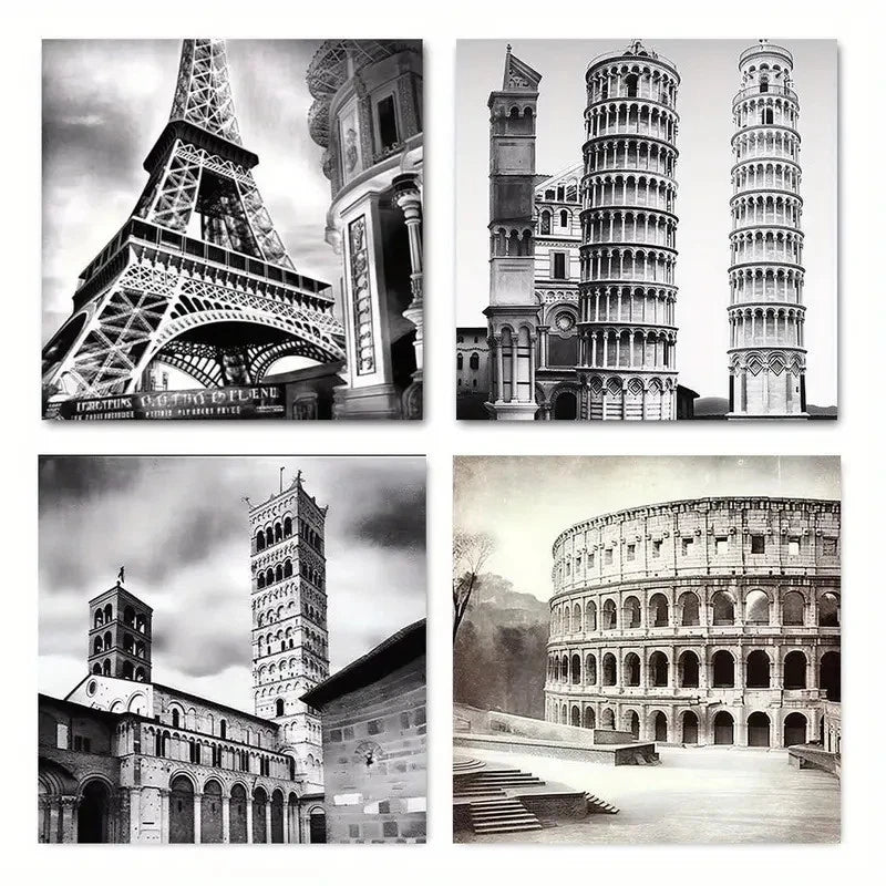 4pcsVintage Black And White European Landmark Wall Art Canvas Framed