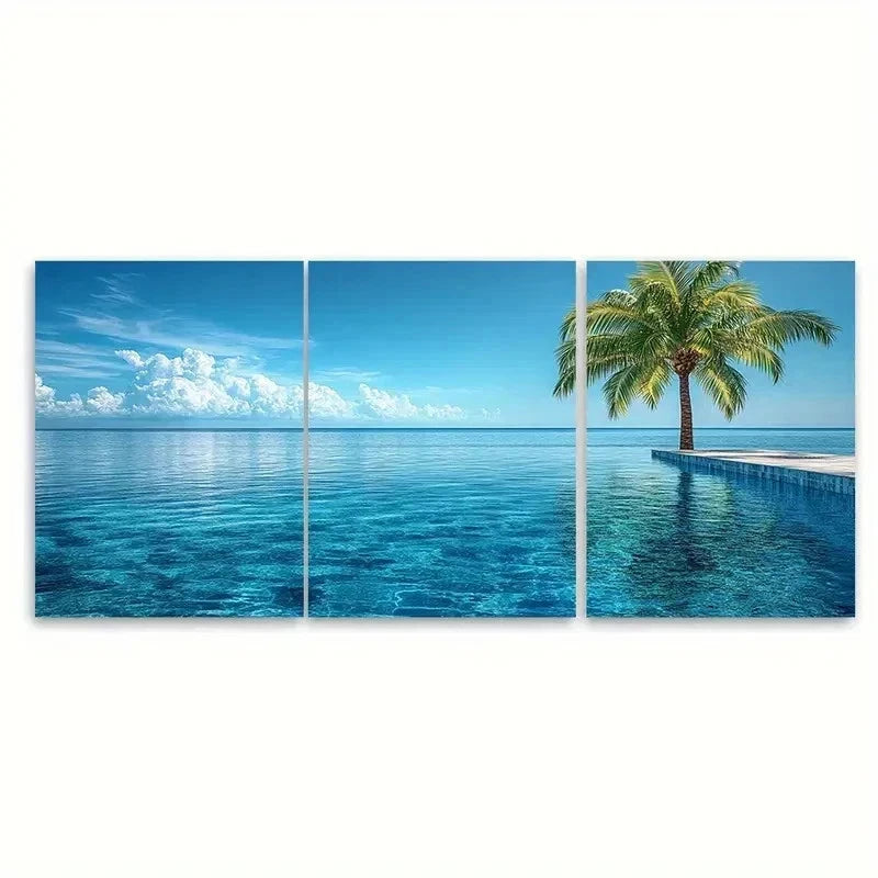 3pcs Tranquil Palm Tree Infinity Pool Wall Art Set Canvas Framed 60x90cm - High Quality Print 100% Australian Made Wall Canvas Ready to Hang