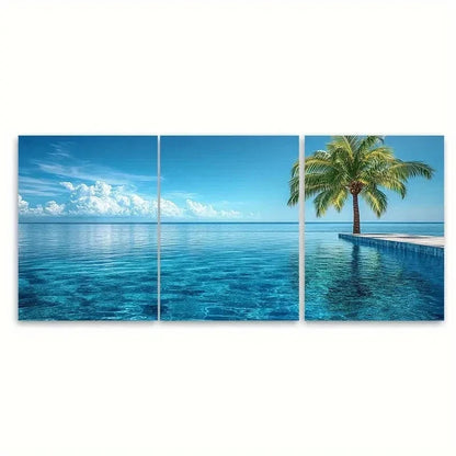 3pcs Tranquil Palm Tree Infinity Pool Wall Art Set Canvas Framed 60x90cm - High Quality Print 100% Australian Made Wall Canvas Ready to Hang
