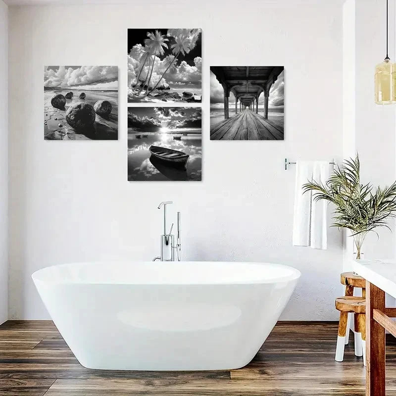 4pcs  Palm Tree Art Prints, Wooden Boat Canvas Wall Art Canvas Framed