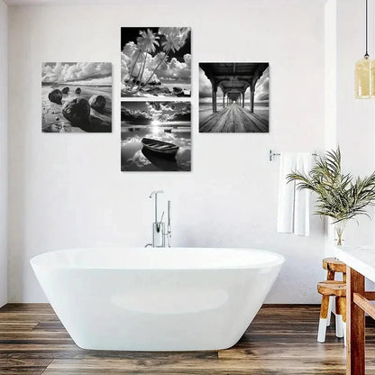 4pcs  Palm Tree Art Prints, Wooden Boat Canvas Wall Art Canvas Framed