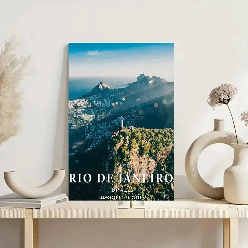 Rio de Janeiro Statue & Sugarloaf Mountain Travel Poster Print Wall Art