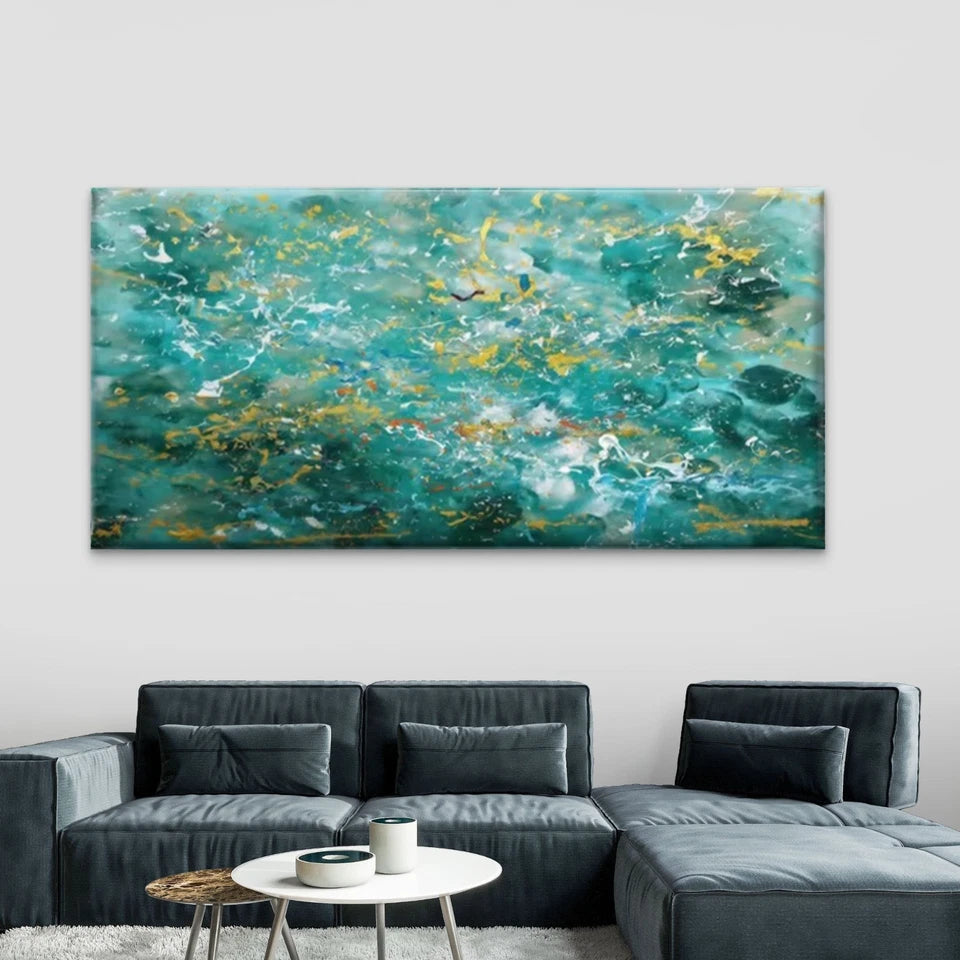 Abstract Teal Blue Green Wall Art Canvas Office Home Room Framed 120x60cm
