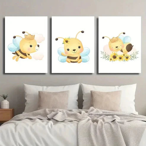 3pcs Cartoon Bees Flowers & Butterflies Wall Art Set Canvas Unframed - High Quality Print 100% Australian Made Wall Canvas
