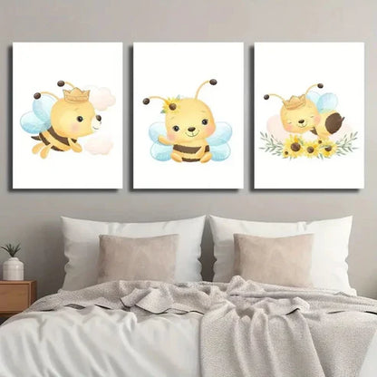 3pcs Cartoon Bees Flowers & Butterflies Wall Art Set Canvas Unframed - High Quality Print 100% Australian Made Wall Canvas