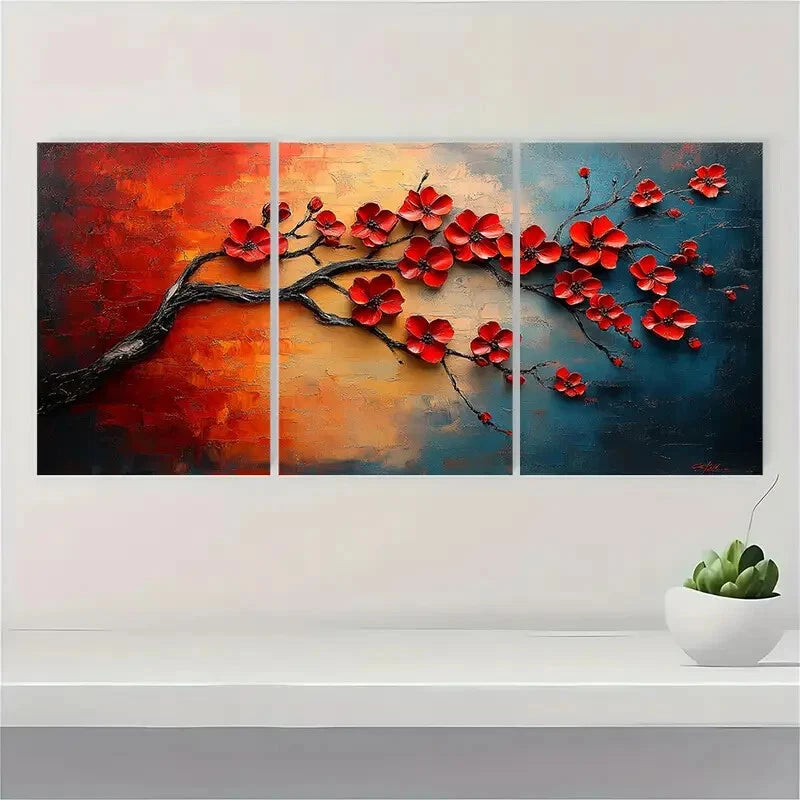 3pcs Modern Abstract Red Cherry Blossom Metal Print Ready to Hang Art