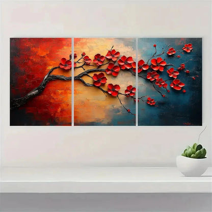 3pcs Modern Abstract Red Cherry Blossom Metal Print Ready to Hang Art