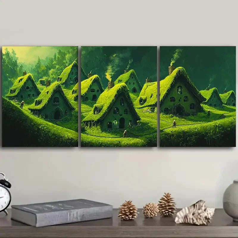3pcs Green Village Houses Art Painting Wall Art Set Canvas Framed 60x90cm - High Quality Print 100% Australian Made Wall Canvas Ready to Hang