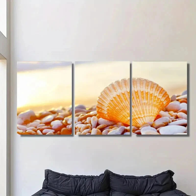 3pcs Seaside Sunset Shell Modern Coastal Oil Pain Metal Print Ready to Hang Art