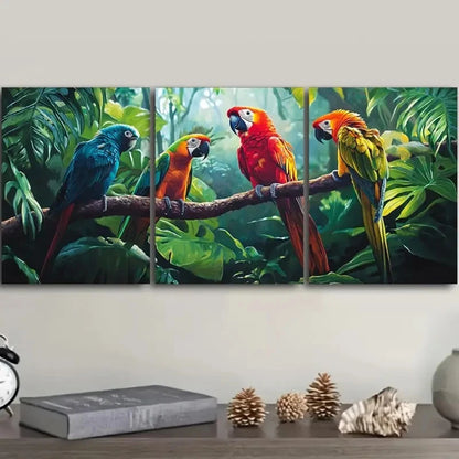 3pcs Colorful Macaws Perched in Tropical Jungle Wall Art Set Canvas Framed 50x70cm - High Quality Print 100% Australian Made Wall Canvas Ready to Hang