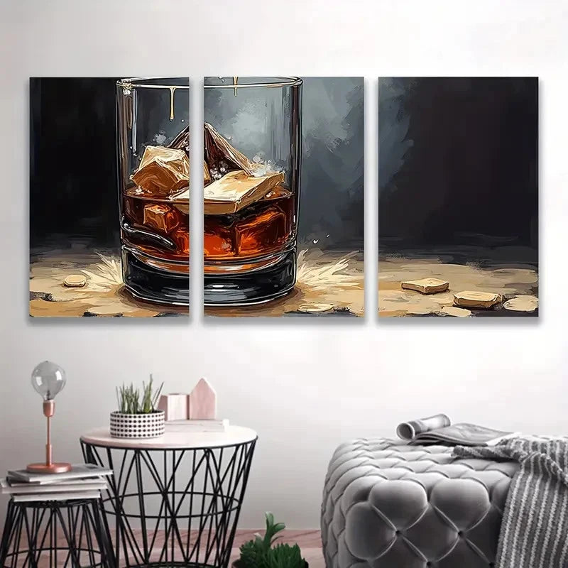 3pcs Golden Whiskey Glass Canvas Painting Wall Art Set Canvas Framed 40x60cm - High Quality Print 100% Australian Made Wall Canvas Ready to Hang