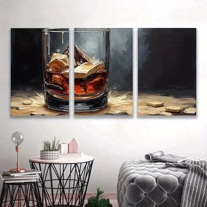 3pcs Golden Whiskey Glass Canvas Painting Wall Art Set Canvas Framed 40x60cm - High Quality Print 100% Australian Made Wall Canvas Ready to Hang