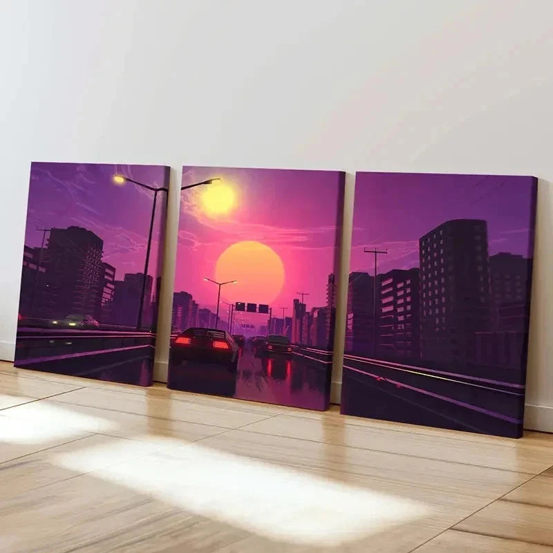 3pcs Vibrant Cityscape with Cars & Streetlights Wall Art Set Canvas Framed 40x60cm - High Quality Print 100% Australian Made Wall Canvas Ready to Hang