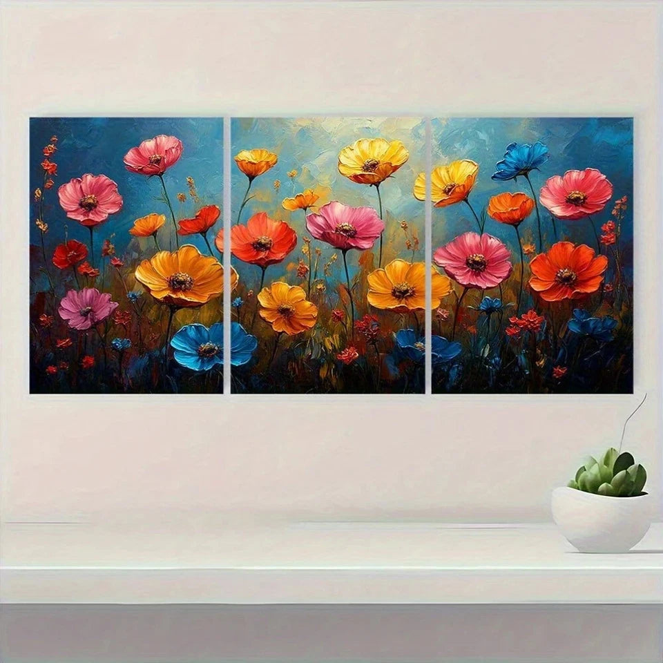 3pcs Wild Flowers Botanical Oil Painting Metal Print Ready to Hang Art