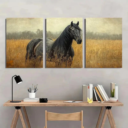 3pcs Black Retro Prairie Horse Golden Grass Metal Print Ready to Hang Art