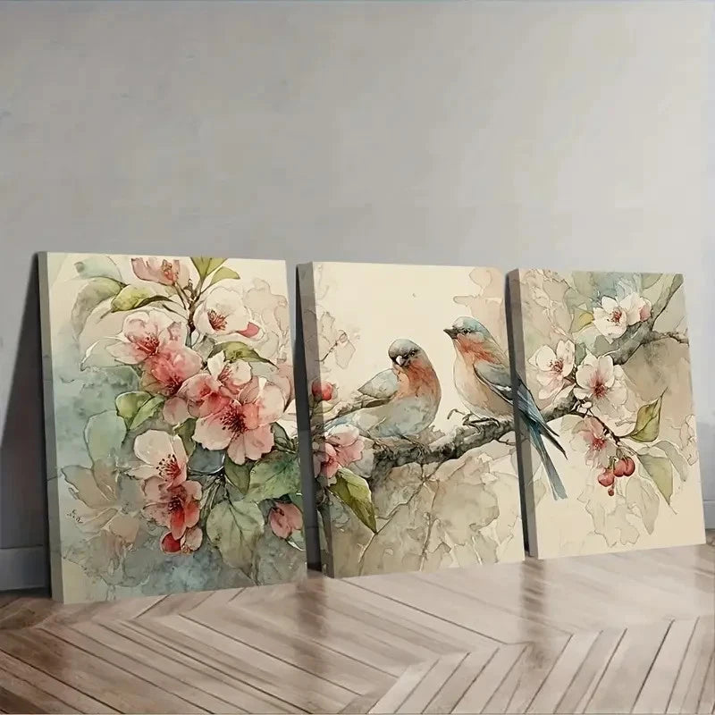 3pcs Apple Tree Branch With Blooming Flowers Wall Art Set Canvas Framed 50x70cm - High Quality Print 100% Australian Made Wall Canvas Ready to Hang