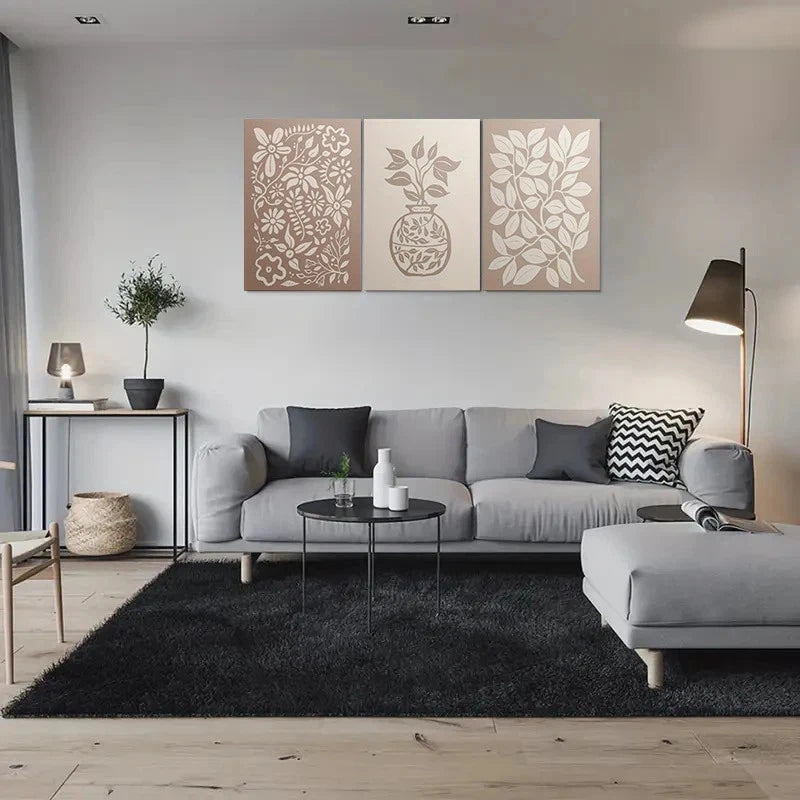 3pcs Abstract Floral Beige White Metal Print Ready to Hang Art
