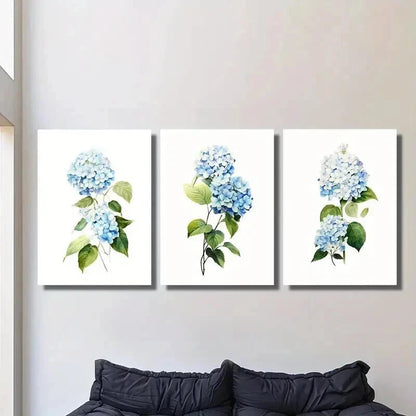 3pcs Blue Hydrangea with Green Leaves Wall Art Set Canvas Framed 40x60cm - High Quality Print 100% Australian Made Wall Canvas Ready to Hang