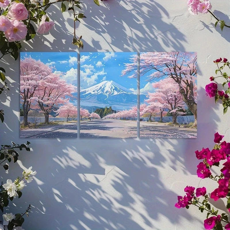 3pcs Cherry Blossom and Mount Fuji Scenery Metal Print Ready to Hang Art