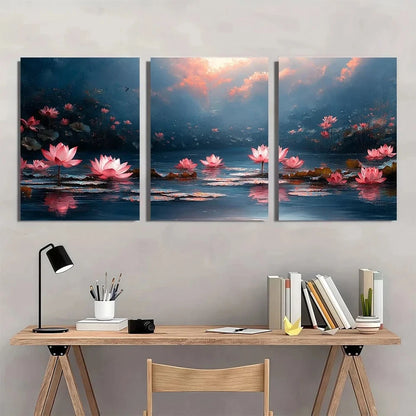 3pcs Pink Flowers On River Sunset Metal Print Ready to Hang Art