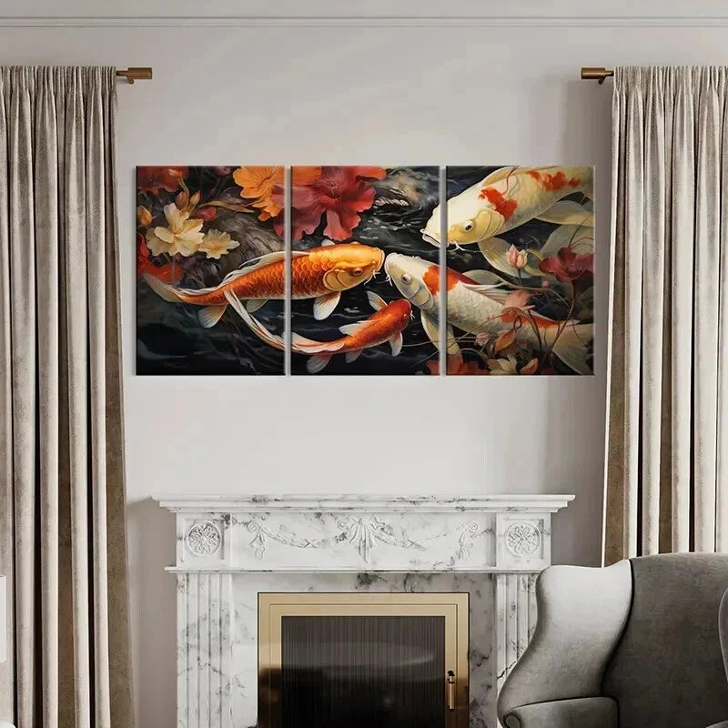 3pcs Japanese Style Koi Fish & Flowers Wall Art Set Canvas Framed 40x60cm - High Quality Print 100% Australian Made Wall Canvas Ready to Hang