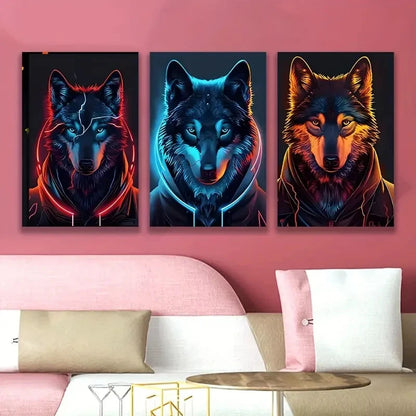 3pcs Neon Wolf Portrait Wall Art Set Canvas Framed 50x70cm - High Quality Print 100% Australian Made Wall Canvas Ready to Hang