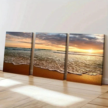 3pcs Natural Landscape Art with Sunset and Waves Wall Art Set Canvas Framed 40x60cm - High Quality Print 100% Australian Made Wall Canvas Ready to Hang
